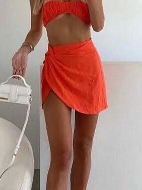 White Fox Boutique Orange Wrap-Style Mini Skirt